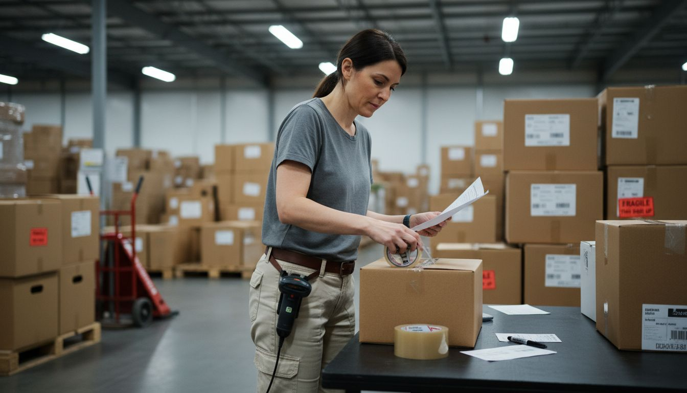 Warehouse worker packing ecommerce orders