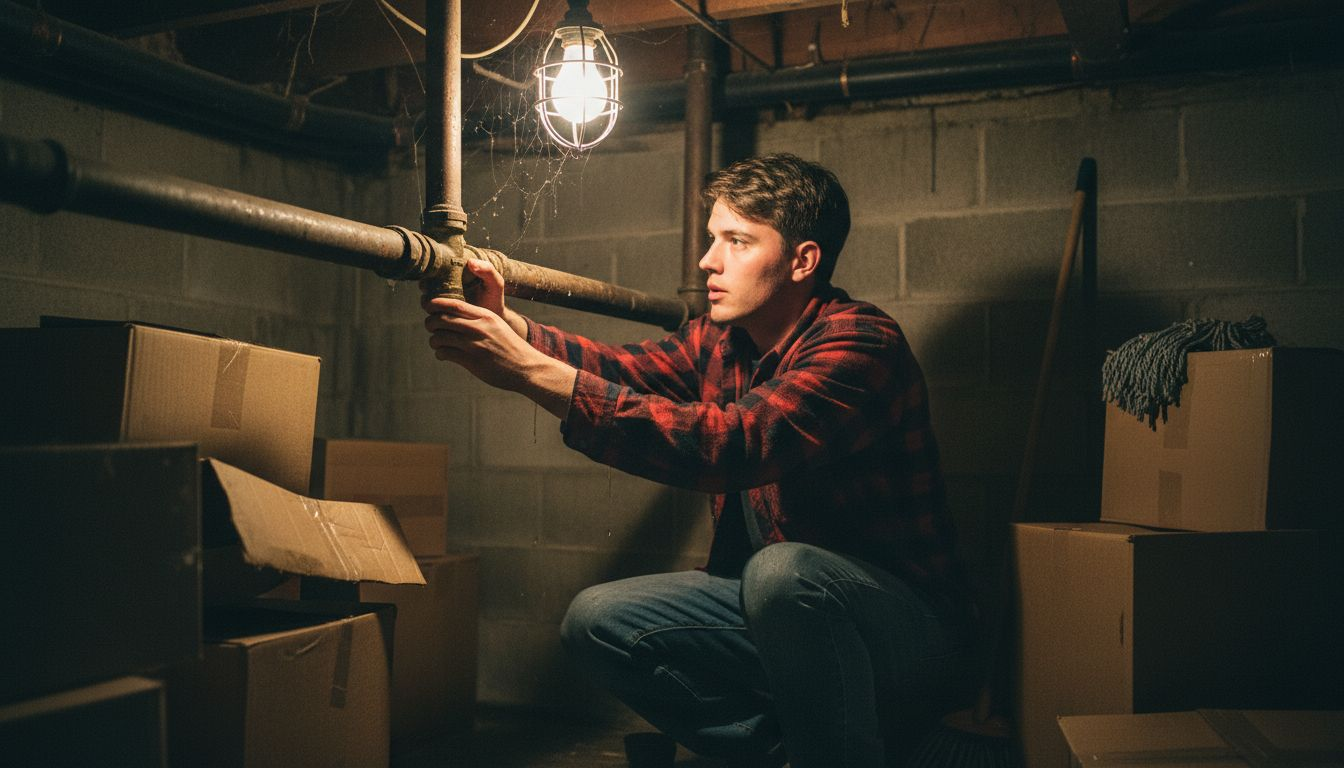 Homeowner turning basement water shutoff valve