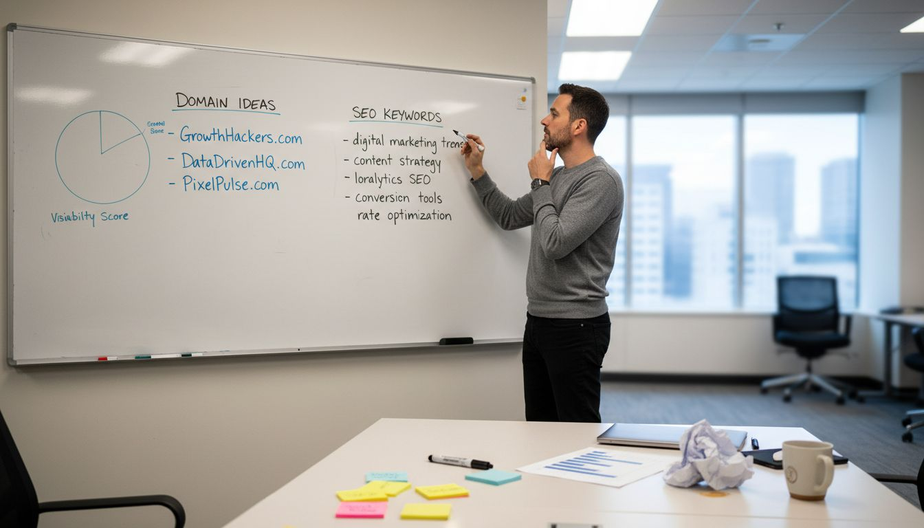 Marketer brainstorming domain names for SEO