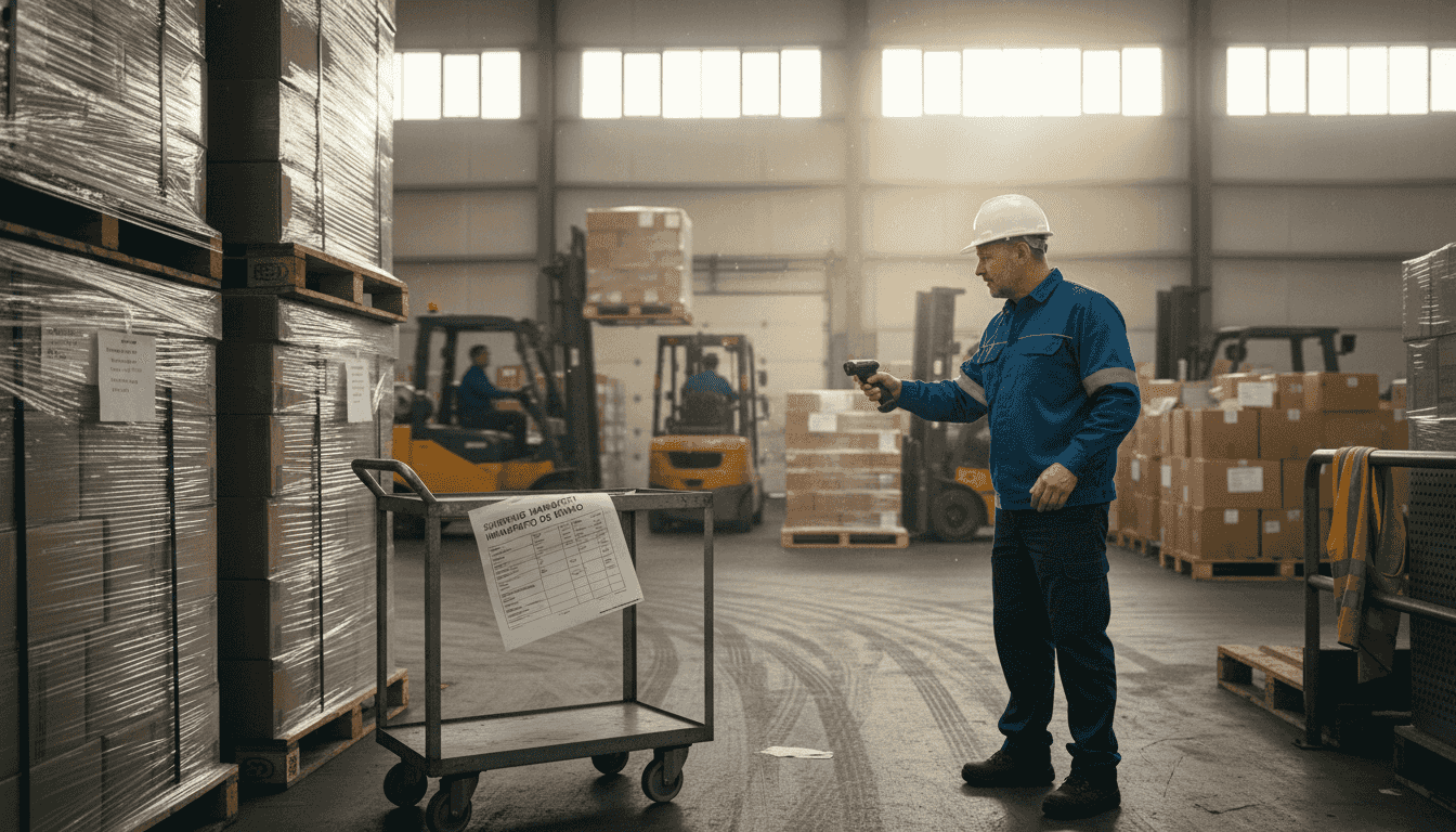 Supervisor scans barcodes in warehouse aisle