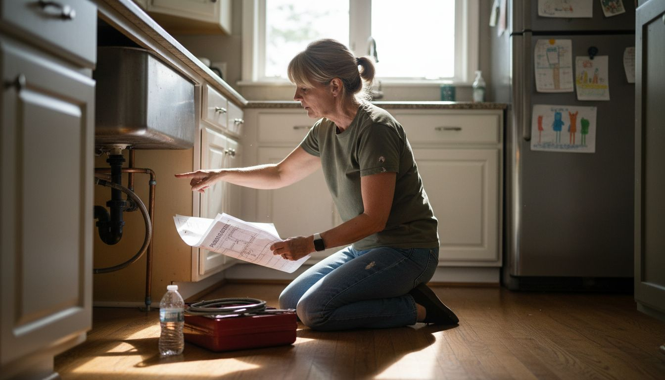 Homeowner consults schematic in kitchen