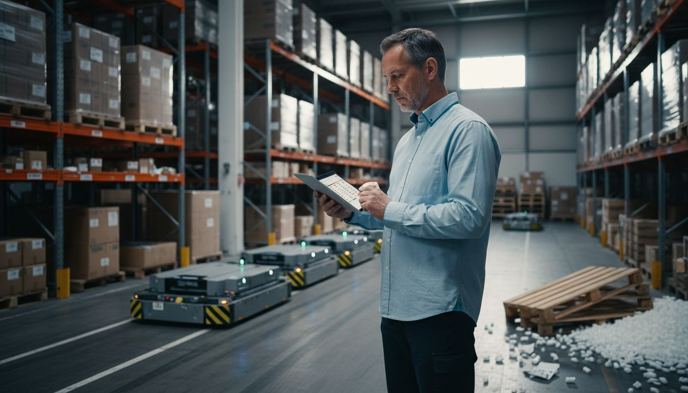 Manager monitoring AGVs in warehouse aisle