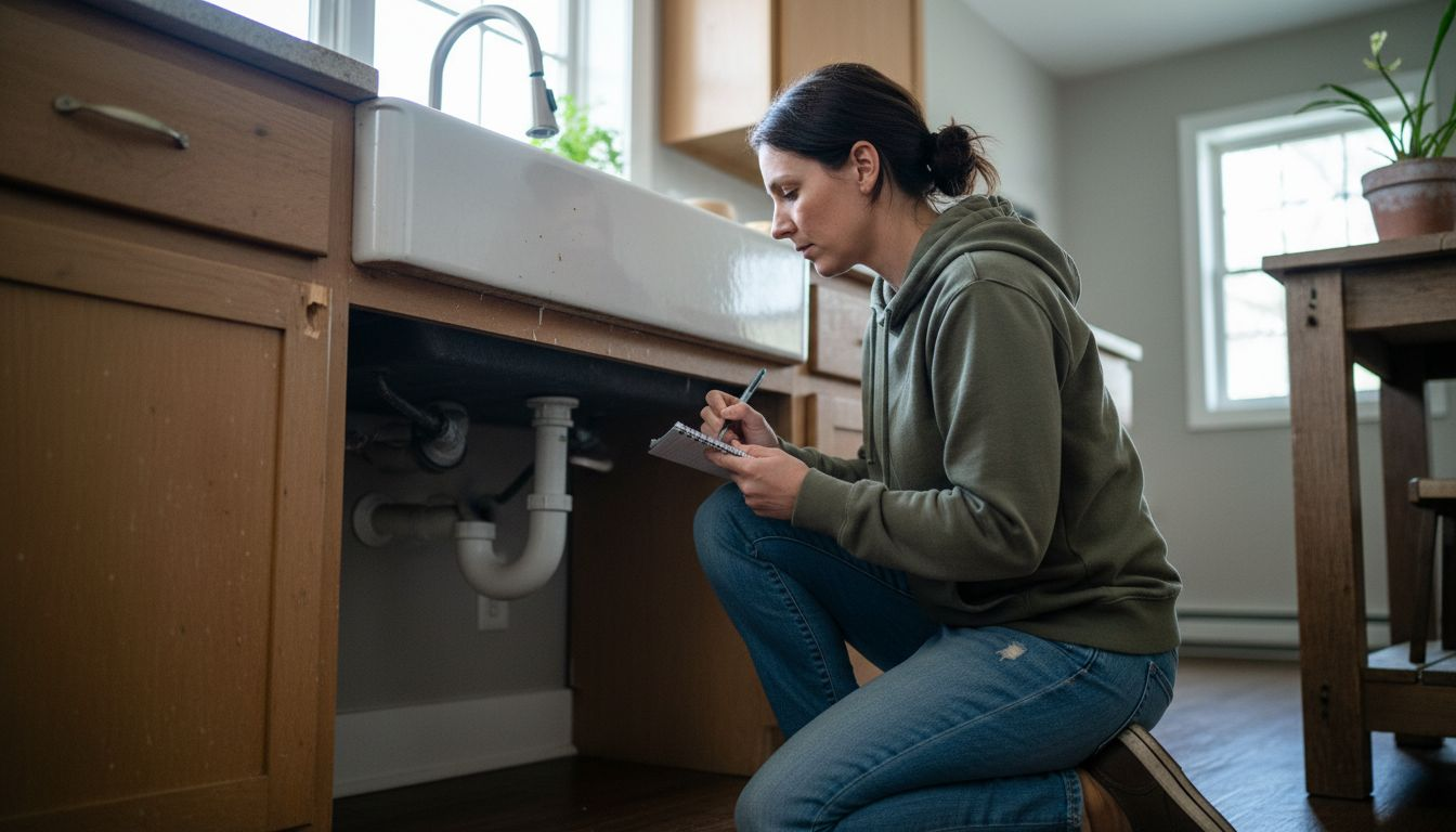 Homeowner checking pipes under kitchen sink