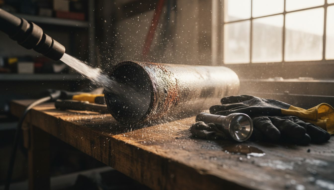 Hydro jetting nozzle spraying inside pipe