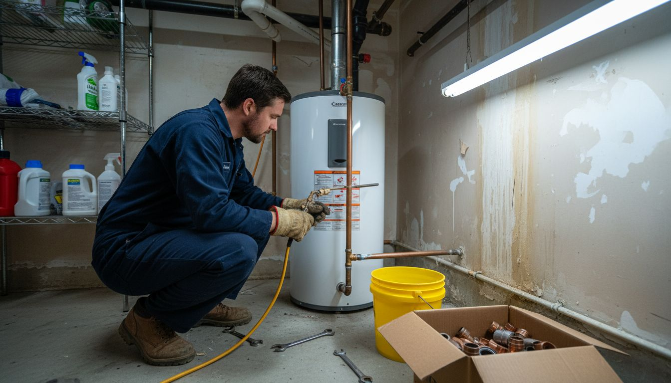 Plumber installing heat pump water heater