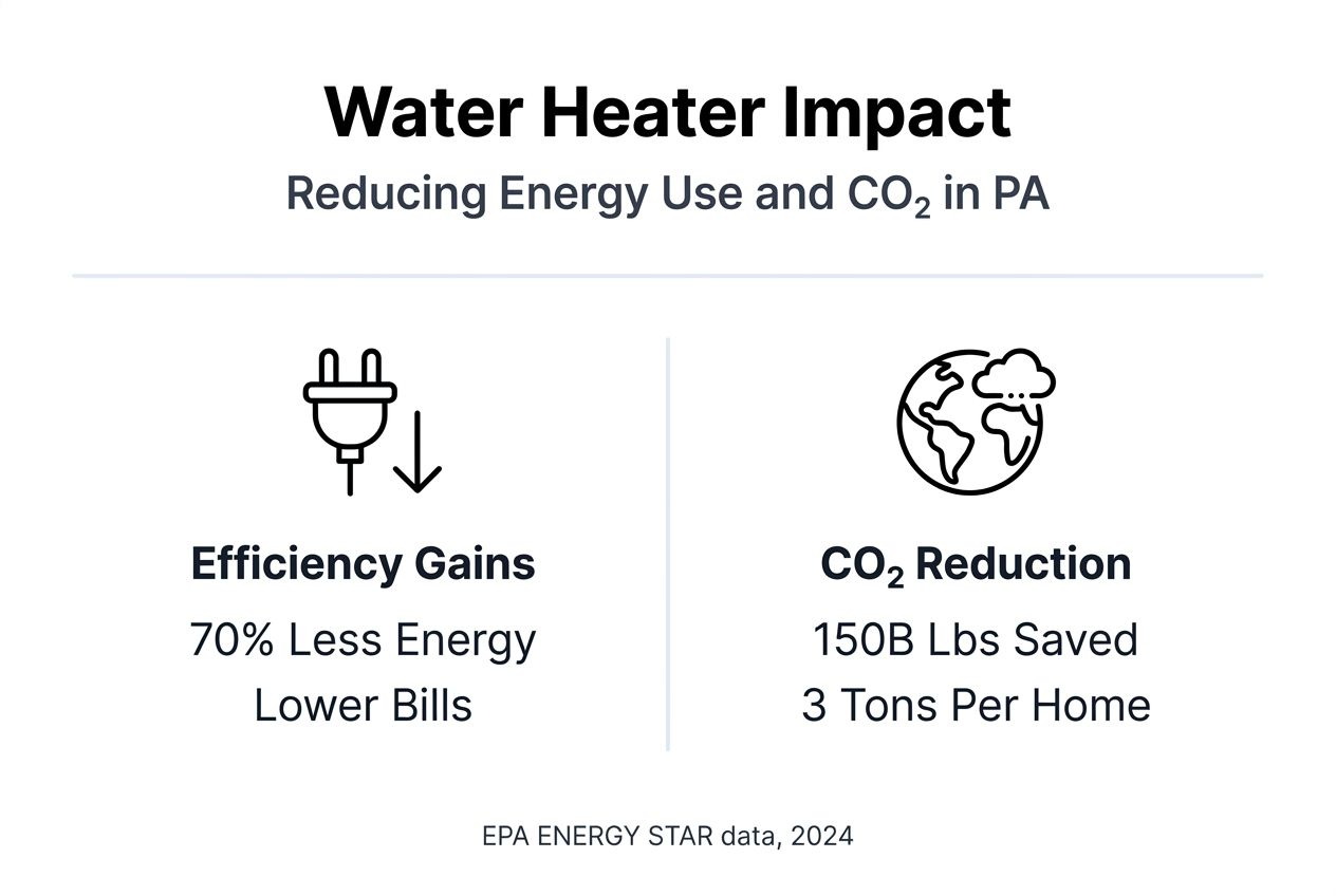 Infographic showing water heater efficiency and CO2 reduction