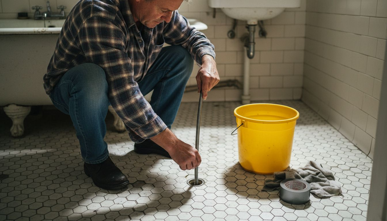 Feeding drain snake into bathtub drain
