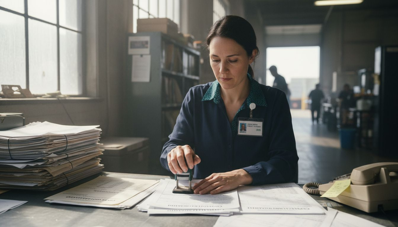 Forwarder stamping customs documents at desk
