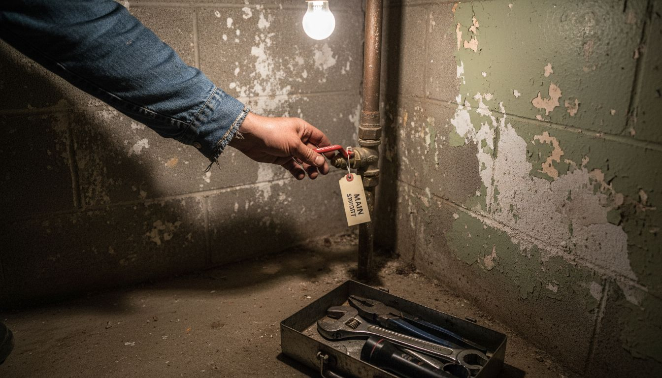 Hands reaching for main plumbing shutoff