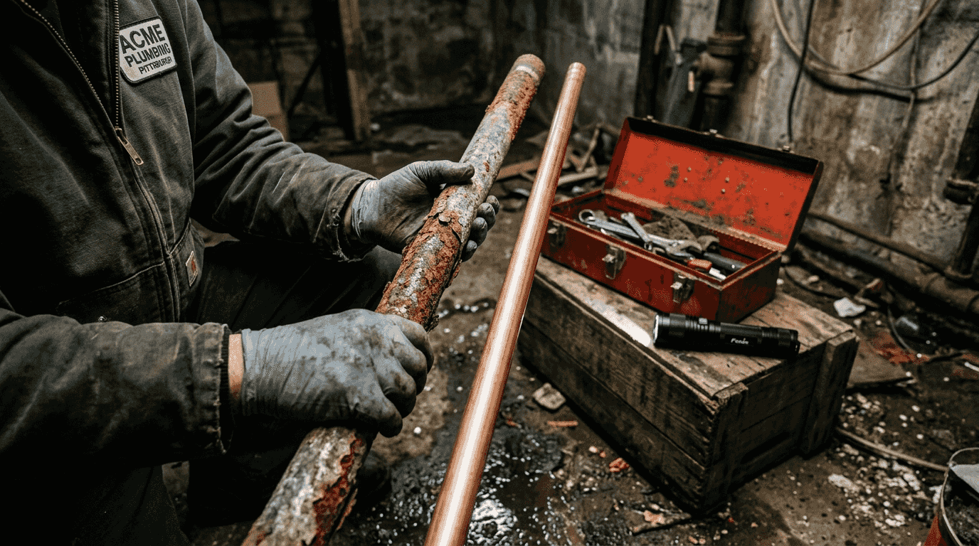 Plumber compares old and new water pipes