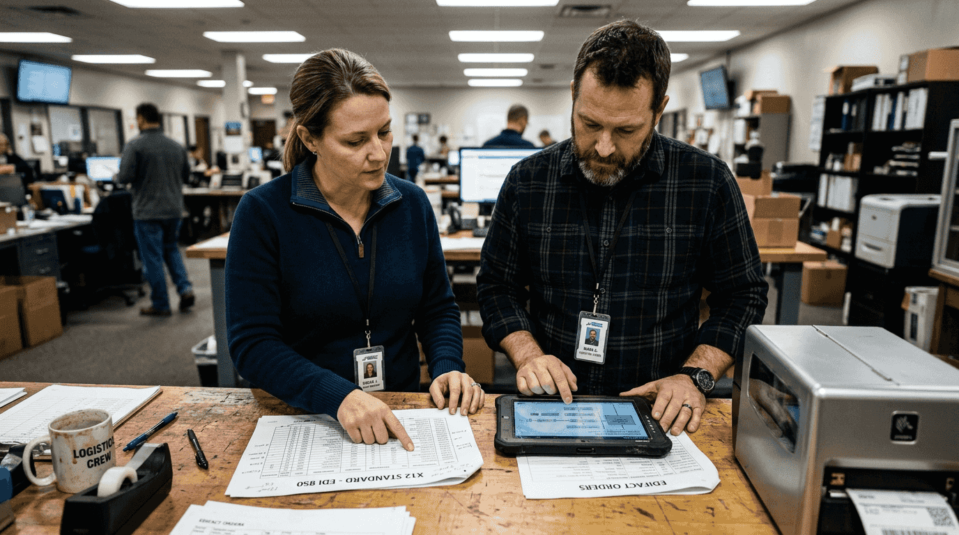 Colleagues comparing EDI standard documents in office