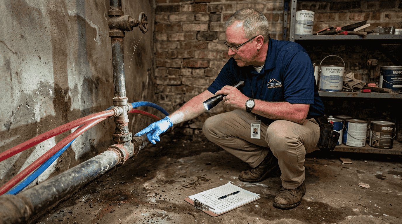 Inspector checks lead and new PEX pipes