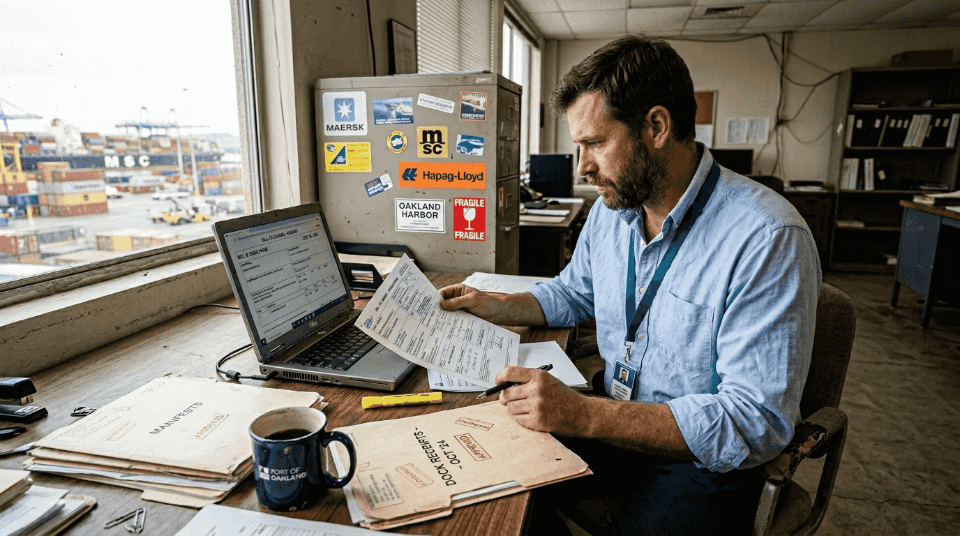 Coordinator reviewing ocean freight bill of lading