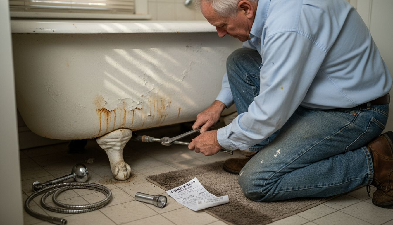 Homeowner repairing leaky tub supply line