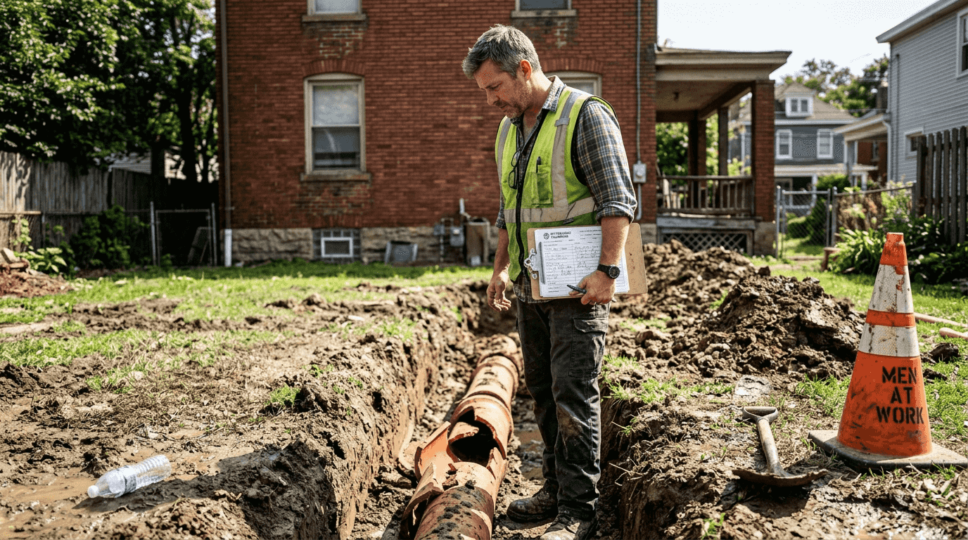 Technician examining broken terra cotta pipes