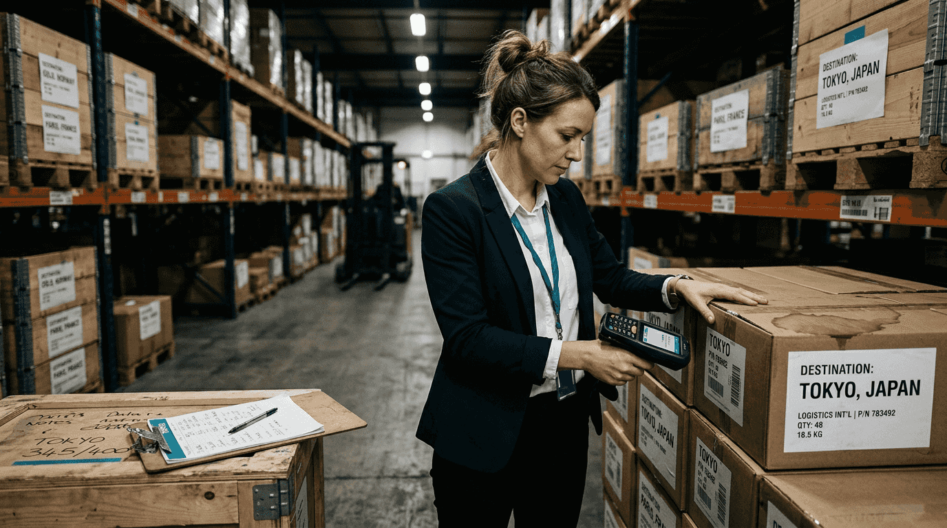 Manager scanning air freight boxes in warehouse