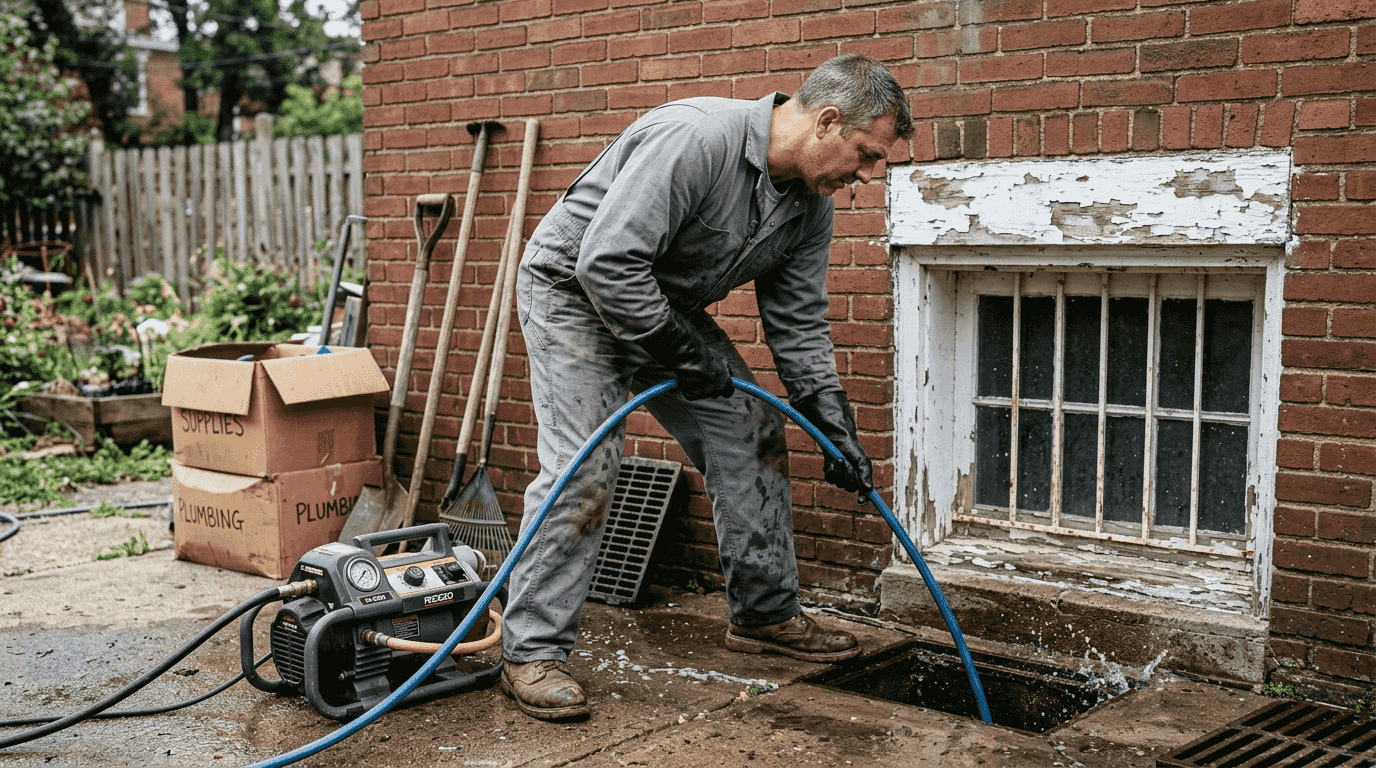 Plumber hydro jetting outdoor basement drain