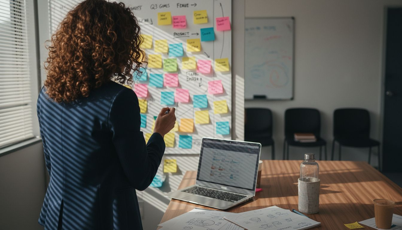 Woman analyzing sales pipeline stages board