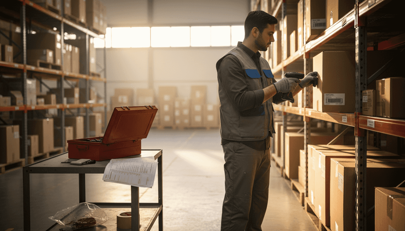 Warehouse worker uses barcode scanning tools