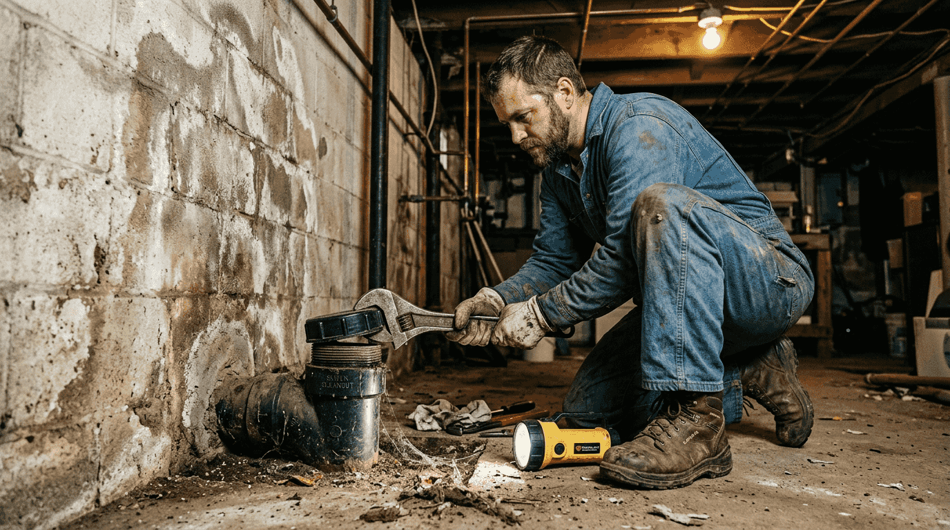 Plumber opening sewer cleanout in basement