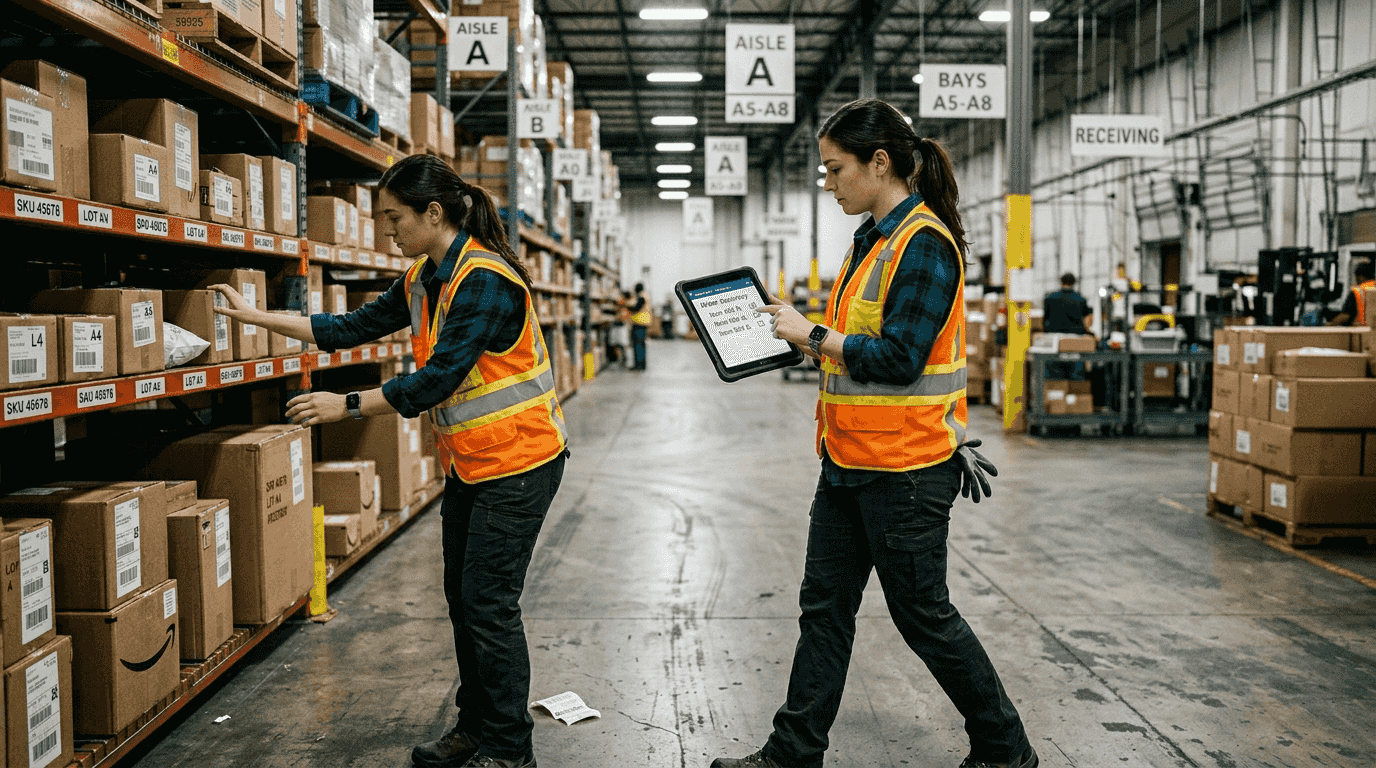 Worker organizing packages in fulfillment warehouse