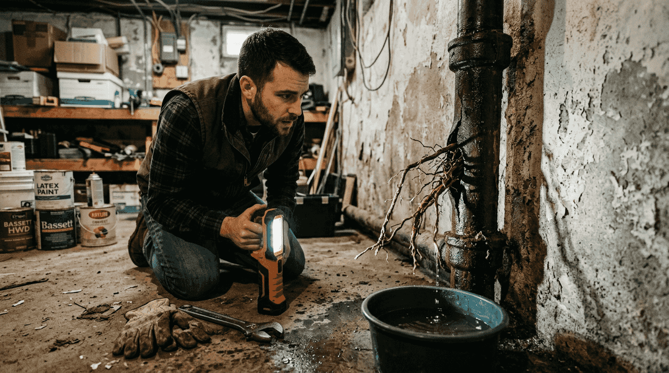 Tree roots clogging exposed basement drain pipe