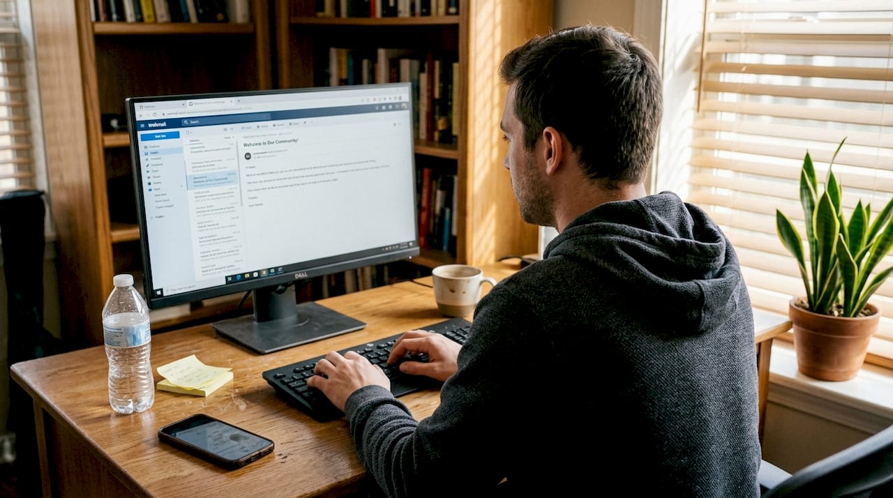 Young man preparing welcome email in home office