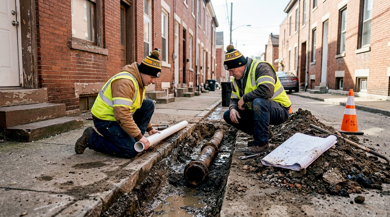 Workers repairing sewer pipe in city trench