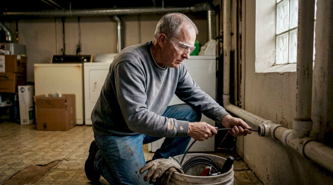 Man safely snakes drain with PVC pipes