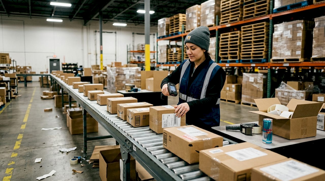 Warehouse worker sorting ecommerce packages on conveyor