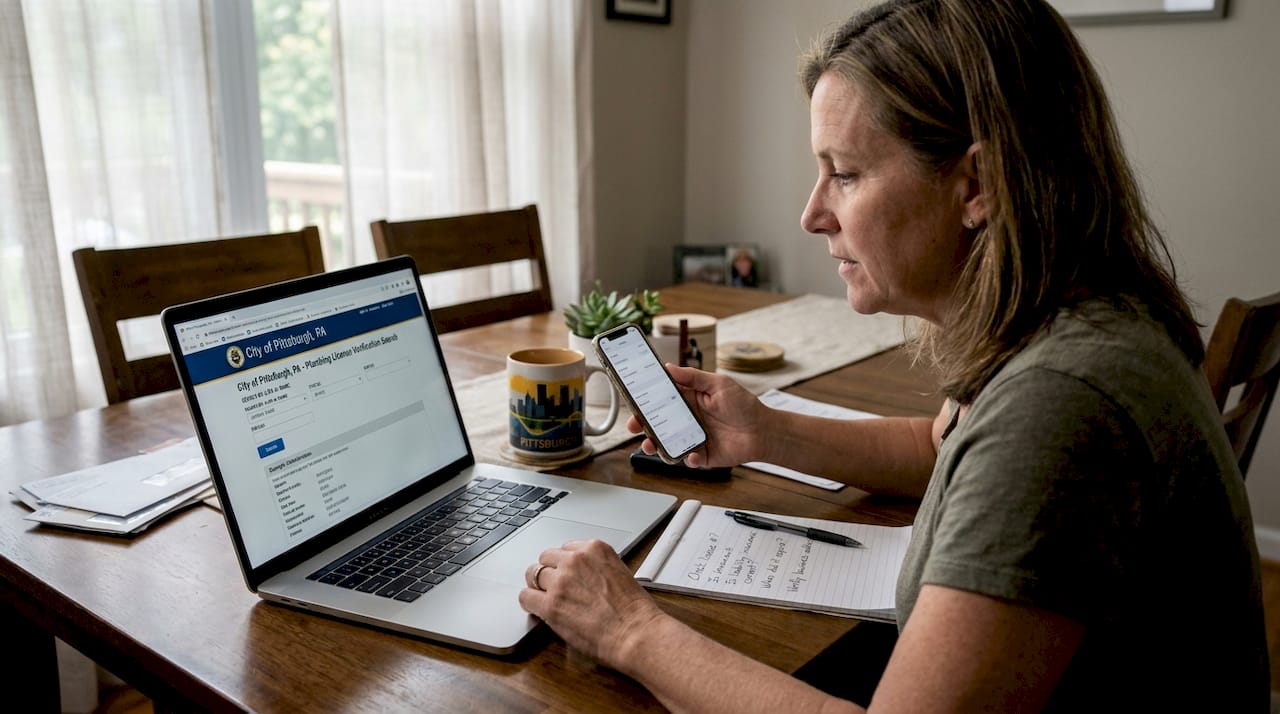 Woman checking plumber license online at table