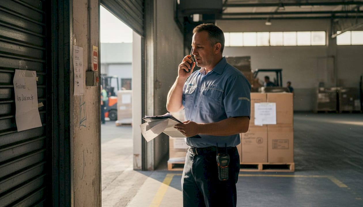 Supervisor coordinating freight pickup at shipping dock
