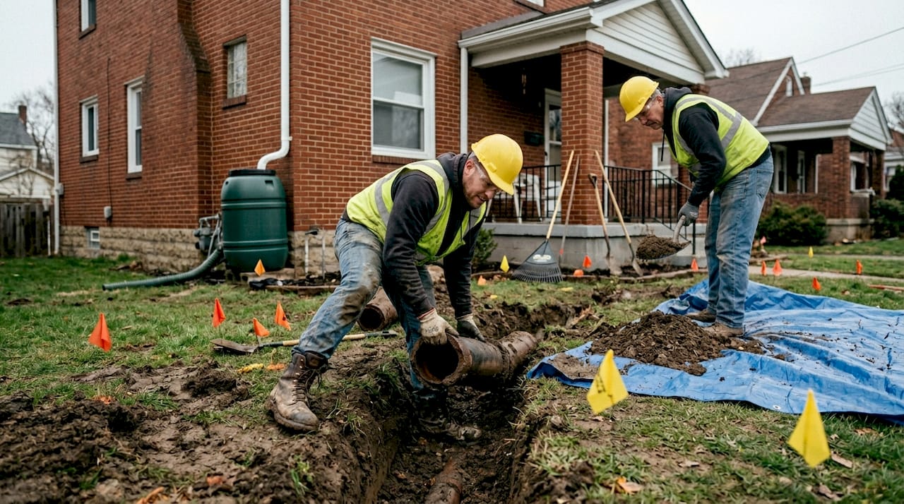 Crew excavating sewer line in residential yard
