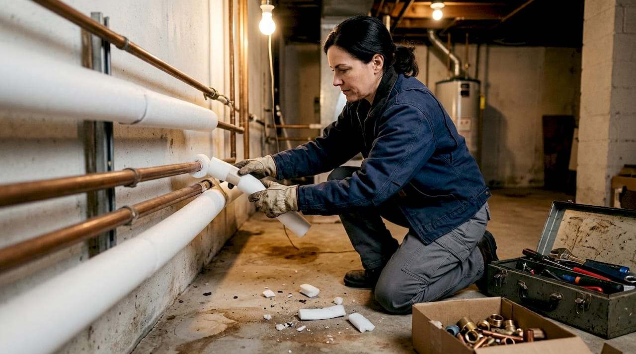 Plumber insulating hot water pipe in basement