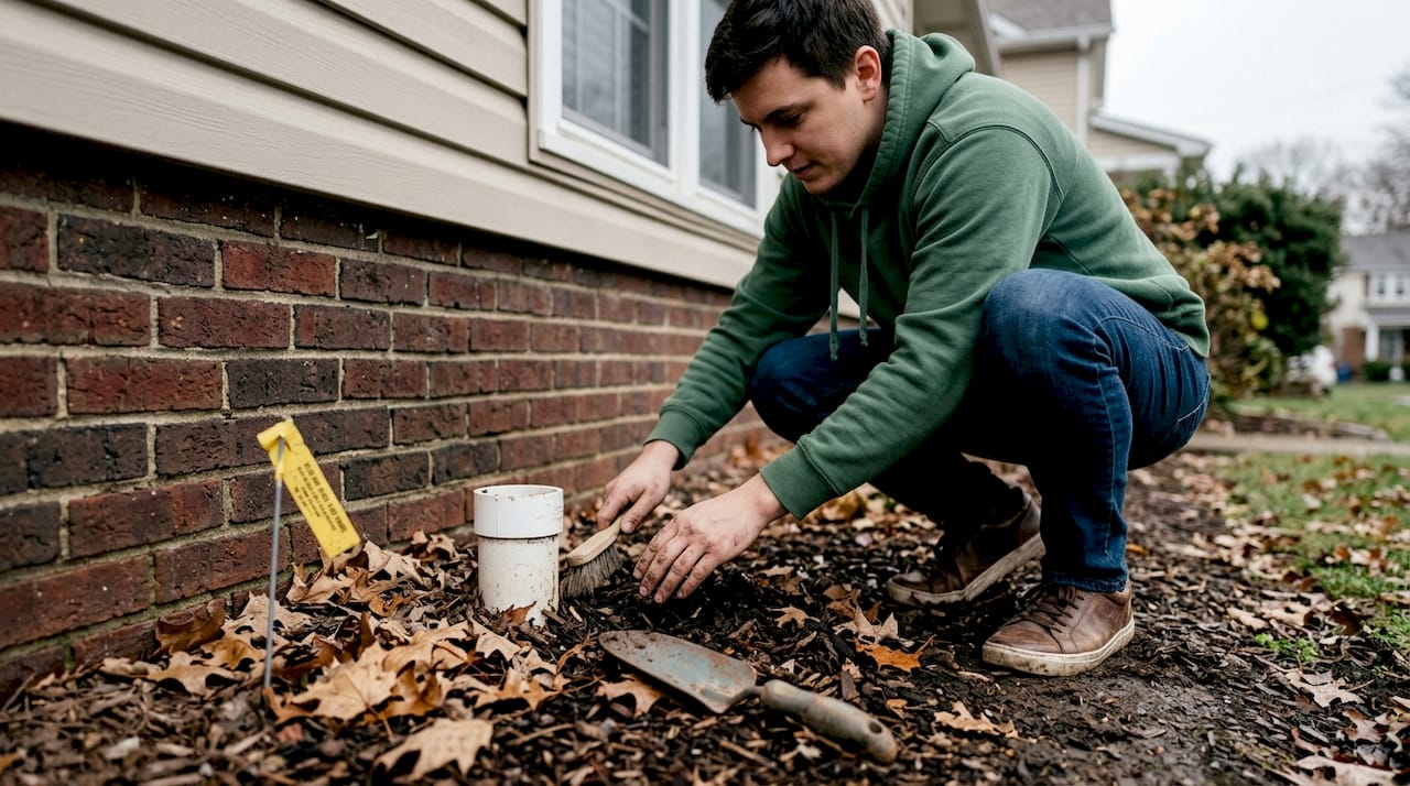 Homeowner uncovering outdoor drain cleanout location
