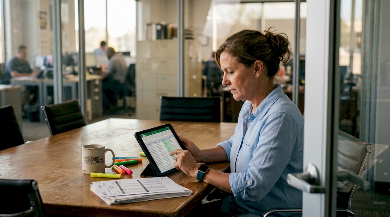 Manager reviews shipping data with tracking reports