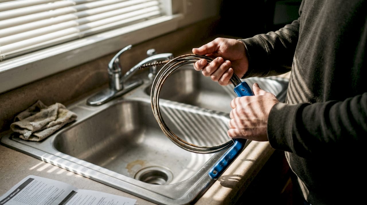 Hand auger tool held near kitchen sink