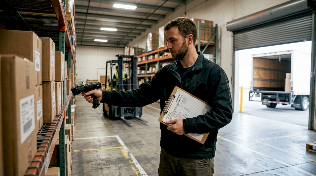 Worker scanning boxes in 3PL warehouse