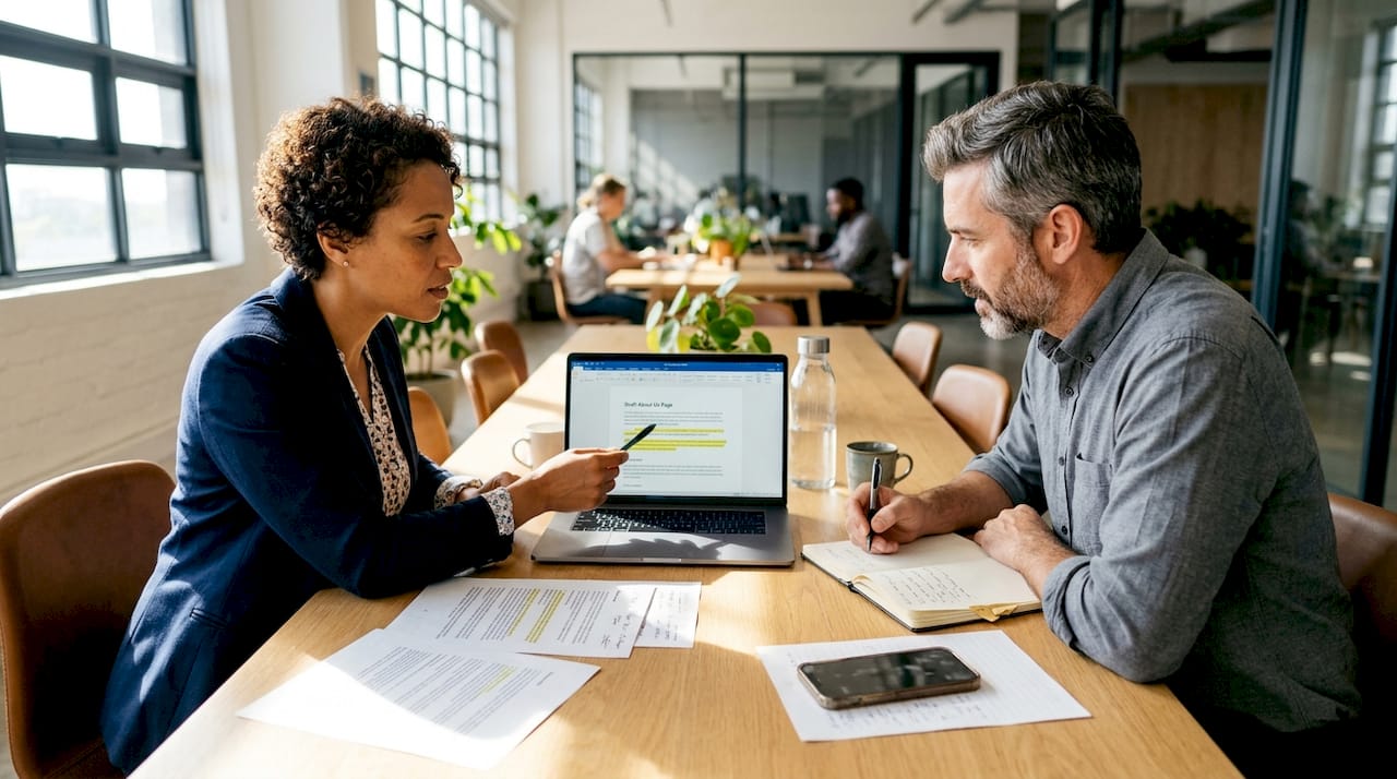 Colleagues discussing website layout at table
