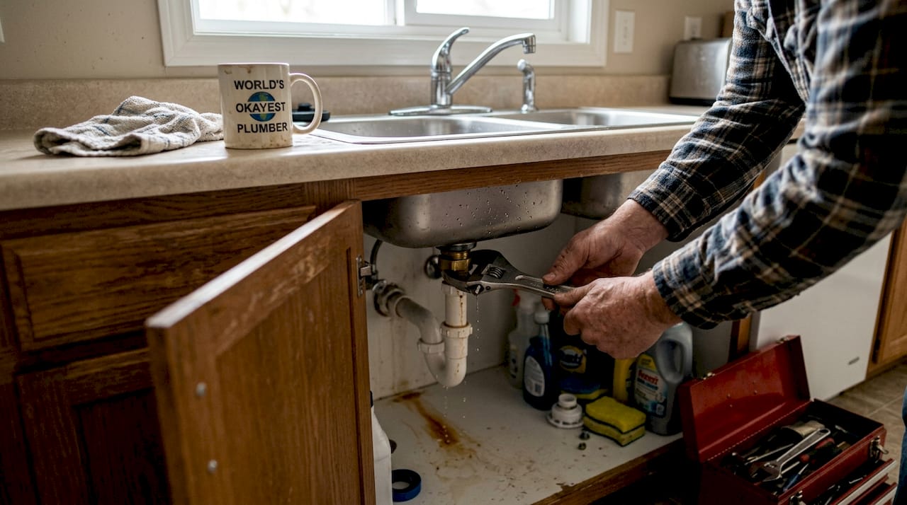 Hands repairing leaky kitchen sink pipe
