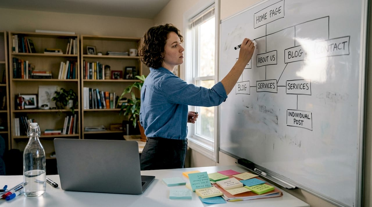 Website manager drawing site flow on whiteboard