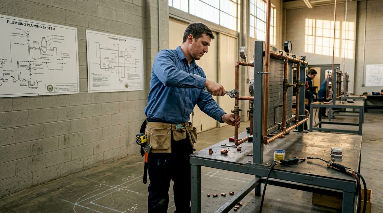 Plumber apprentice working in training facility