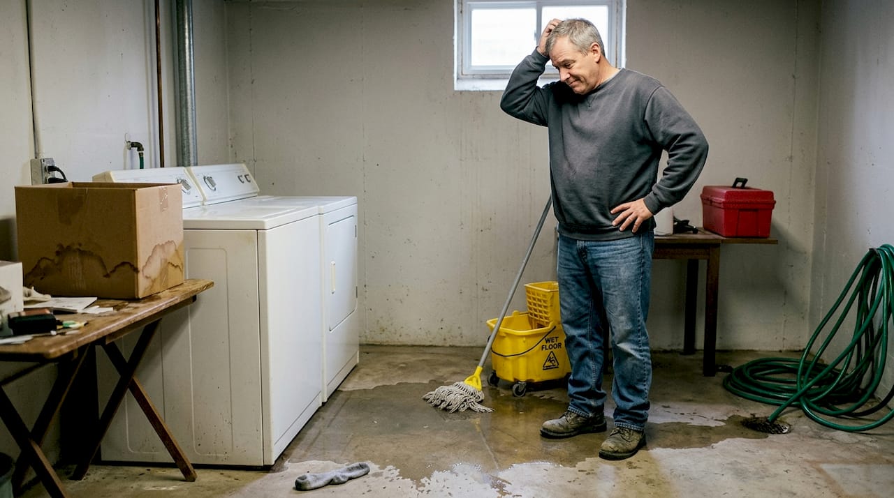Homeowner assesses flooded basement after pipe leak