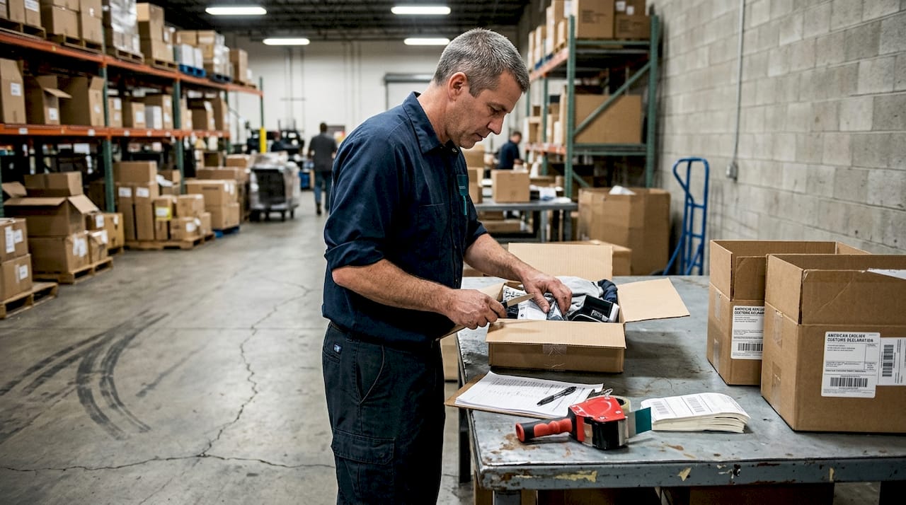 Warehouse worker inspects cross-border return package