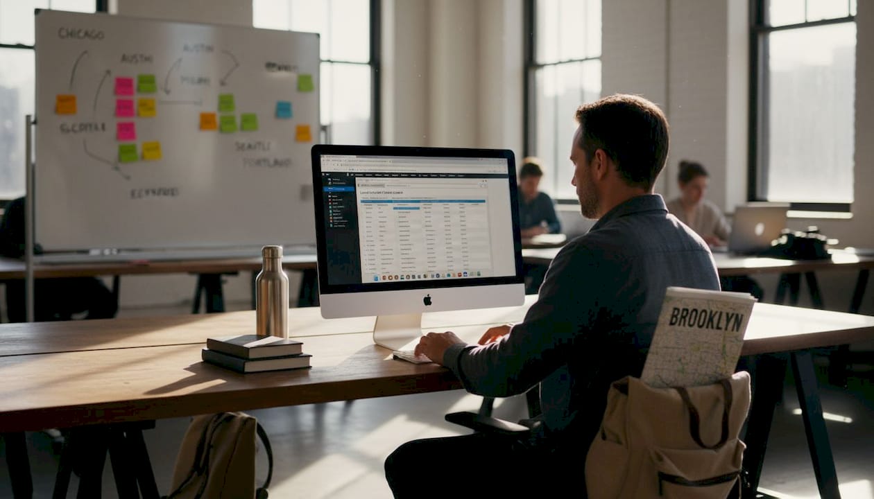 Marketer drafts local pages in coworking office