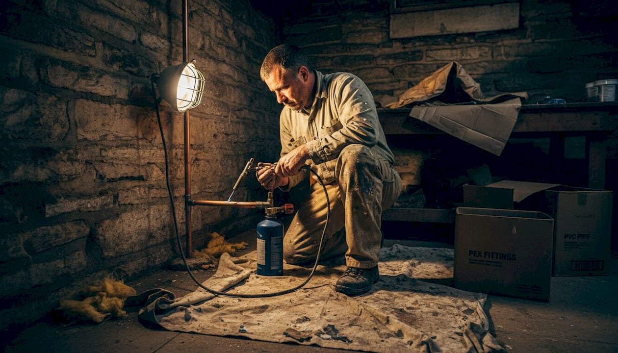 Plumber soldering copper pipe in Pittsburgh basement