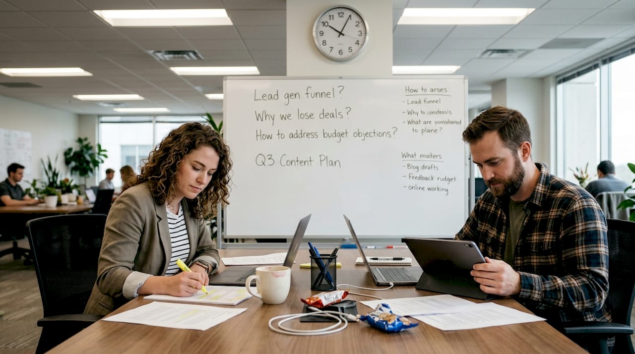 Marketing and sales review content drafts together