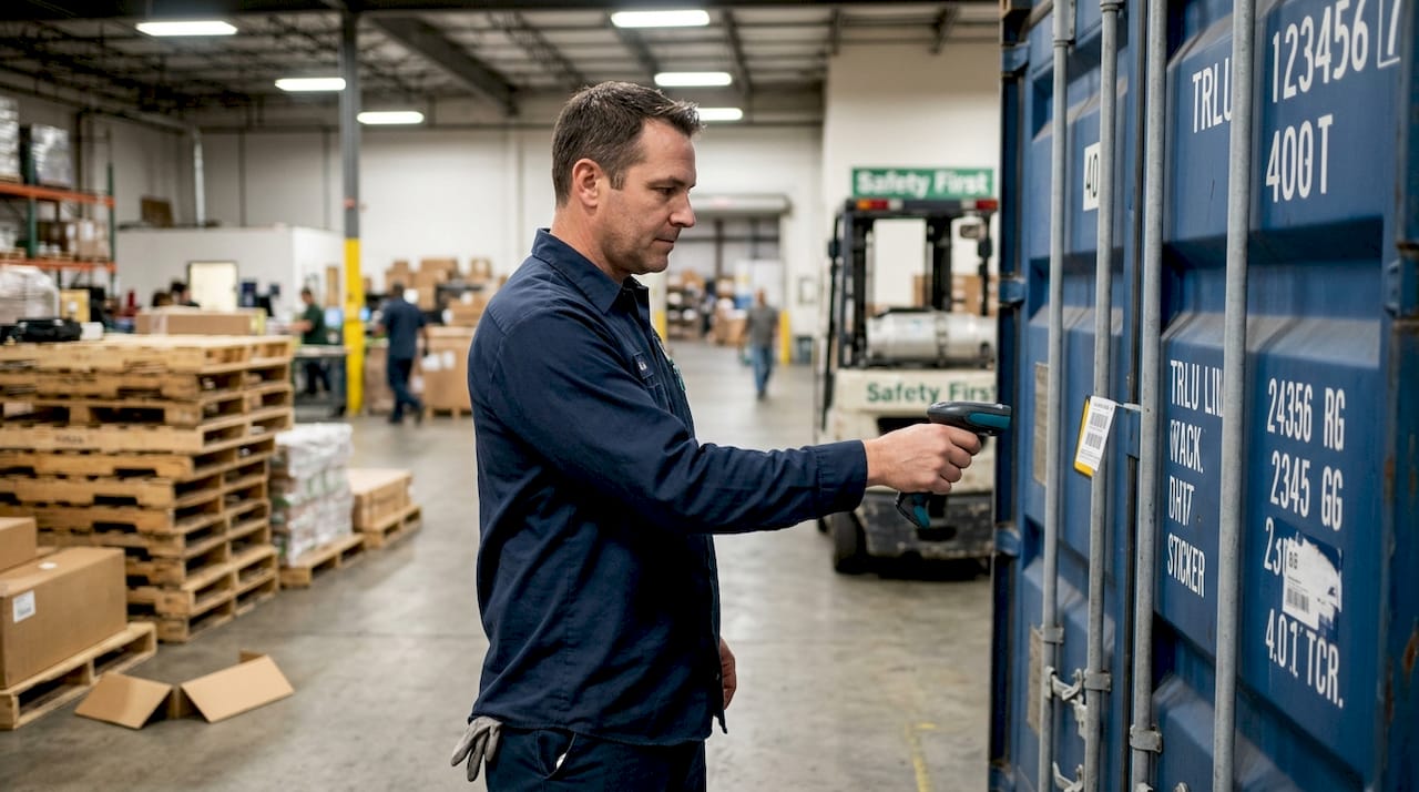 Worker scanning container labels in warehouse