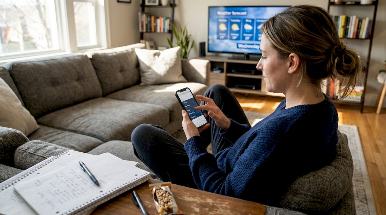 Woman testing mobile navigation usability at home