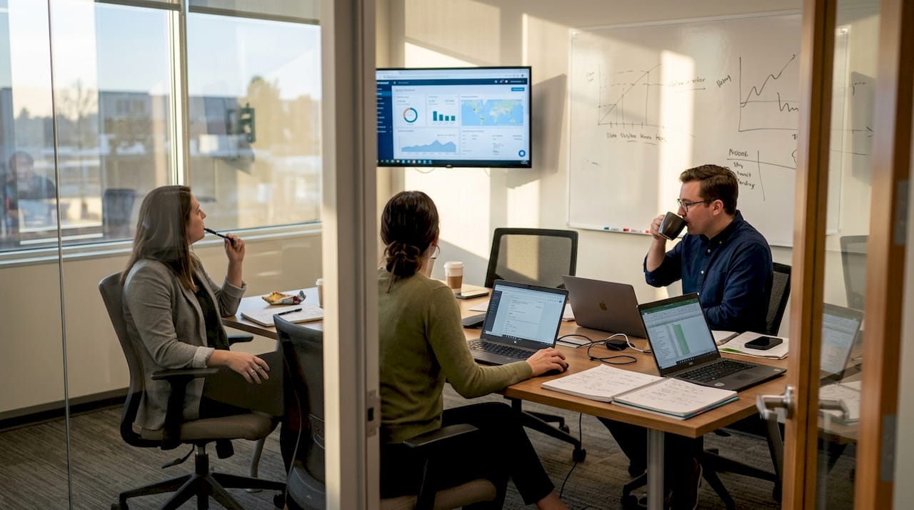 Team reviews logistics dashboard in meeting